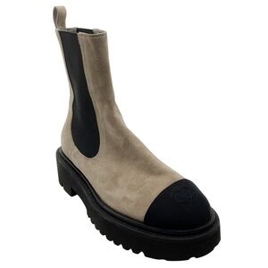CHANEL TAUPE / BLACK CC GROSGRAIN CAP TOE SUEDE CHELSEA BOOTS